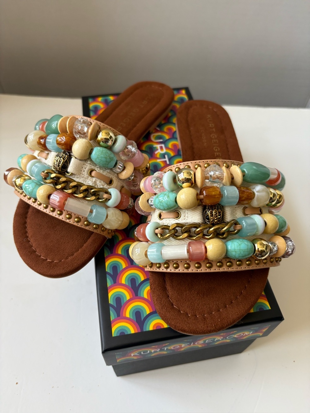 Kurt Geiger London Southbank Beaded Ornament Slide Sandals Tan Combo Sz-8.5/39